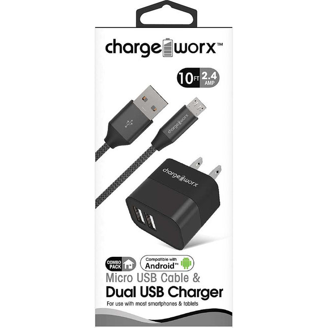 2.4A Dual USB Metal Wall Charger & 10ft Micro USB Cable, Black