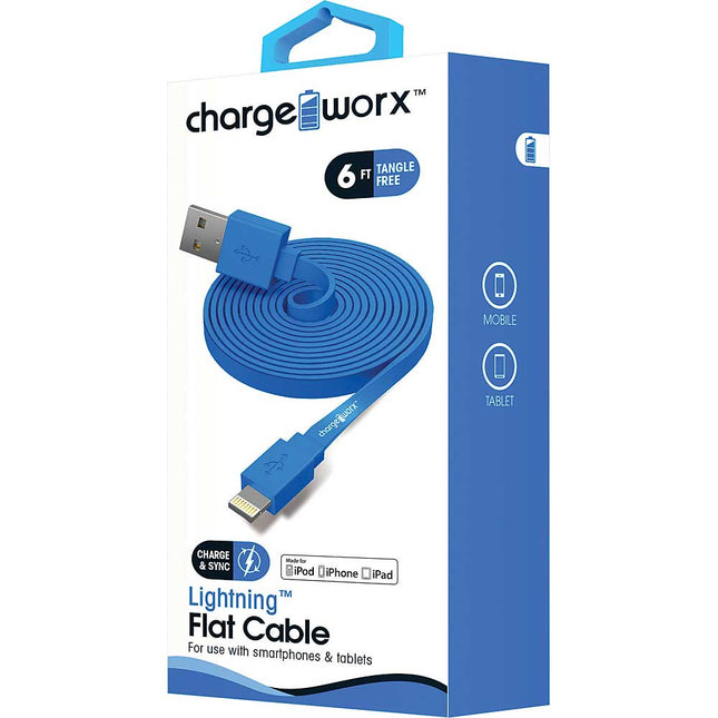 6Ft Lightning Sync/Charge Flat Cable, Blue