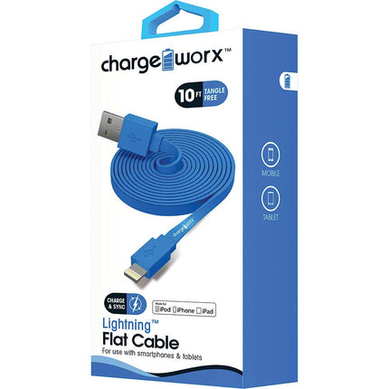 10Ft Lightning Sync/Charge Flat Cable, Blue