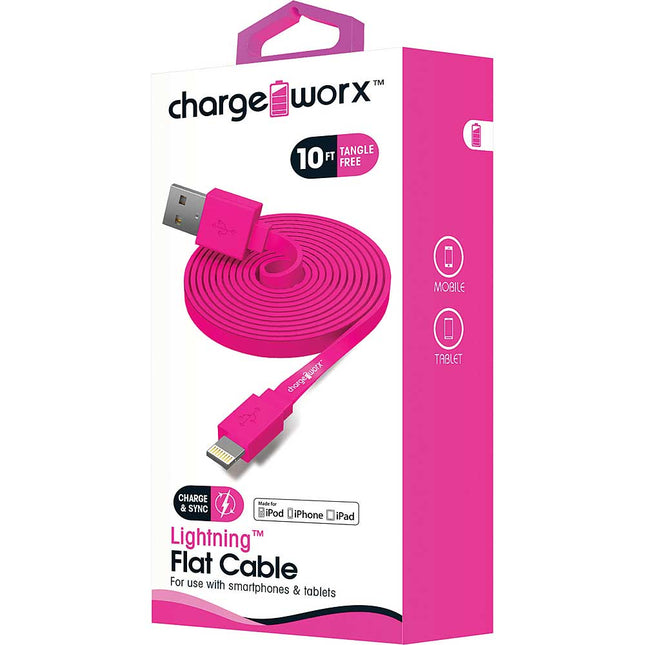 10Ft Lightning Sync/Charge Flat Cable, Pink