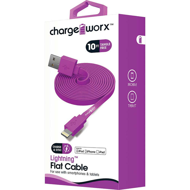 10Ft Lightning Sync/Charge Flat Cable, Purple