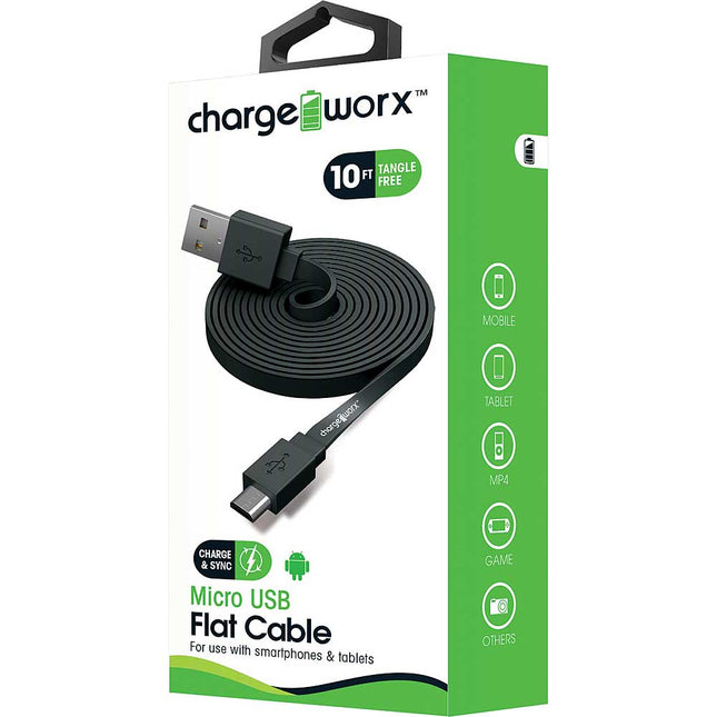 10Ft Micro-USB Sync/Charge Flat Cable, Black