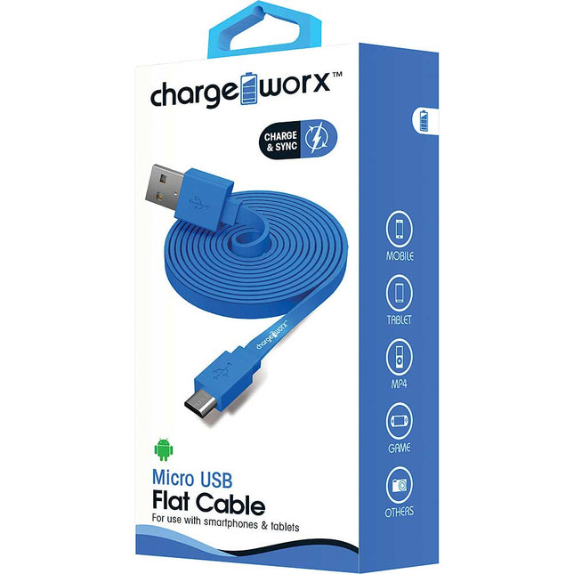 3Ft Micro-USB Sync/Charge Flat Cable, Blue