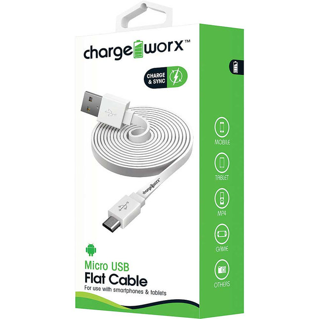 3Ft Micro-USB Sync/Charge Flat Cable, White