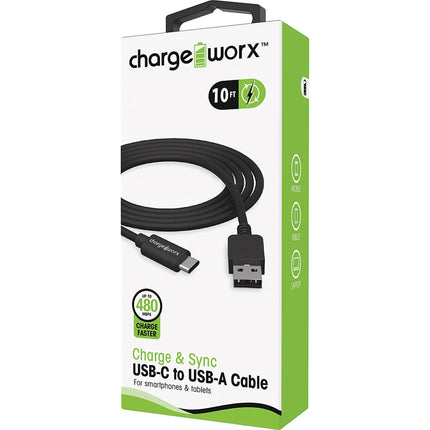 10ft USB-A to USB-C Sync & Charge Cable, Black