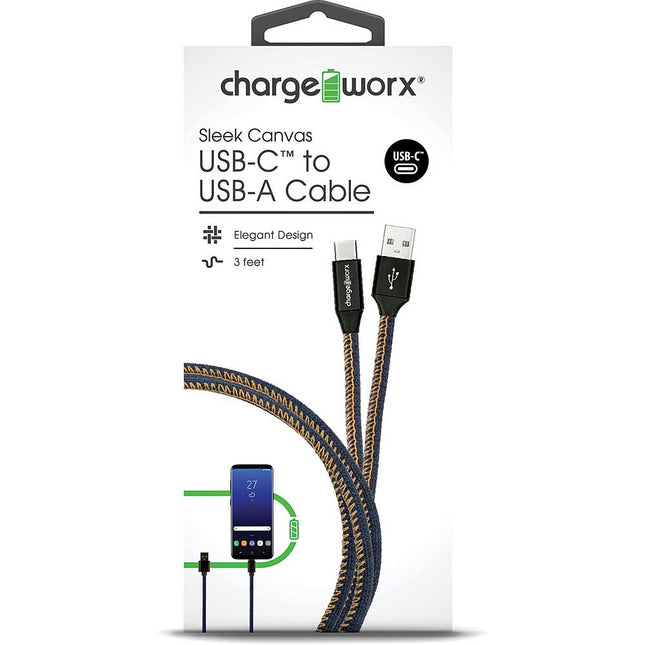 3ft Sleek Canvas USB-C to USB-A Cable, Blue