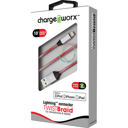 "TWIST" Braid 10ft Lightning  Sync & Charge Cable, Red