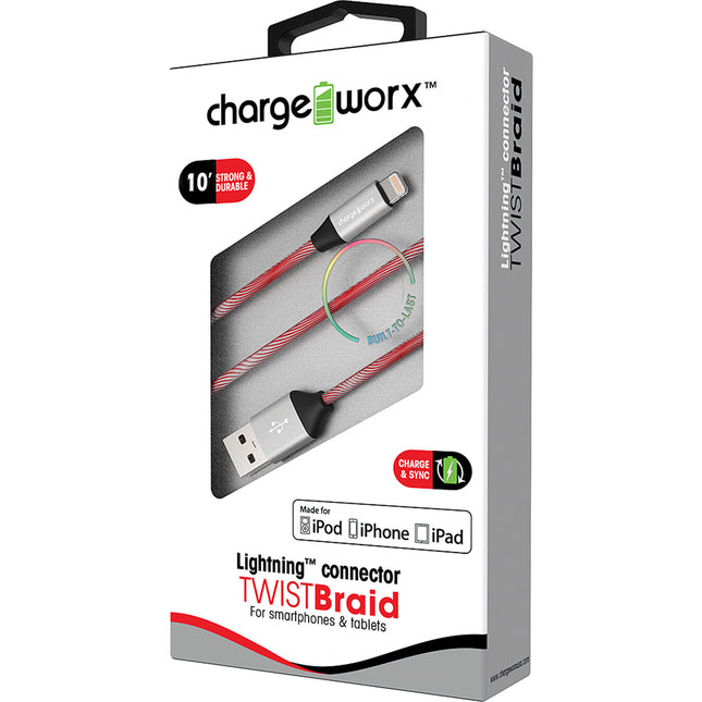 "TWIST" Braid 10ft Lightning  Sync & Charge Cable, Red