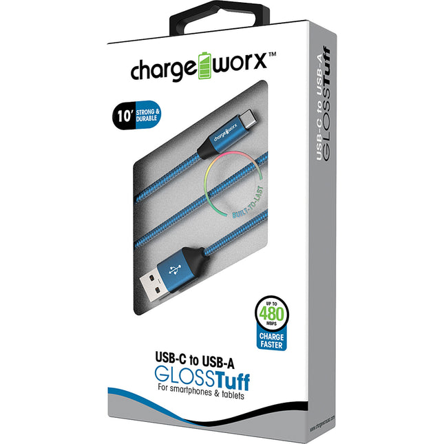 10ft USB-C to USB-A "GLOSSTuff" Cable, Blue