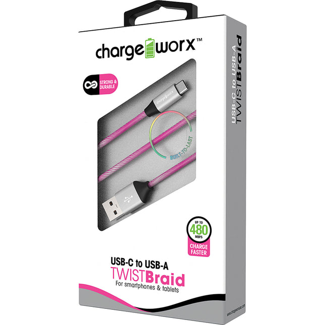 3ft USB-C to USB-A "TWISTBraid" Cable, Pink