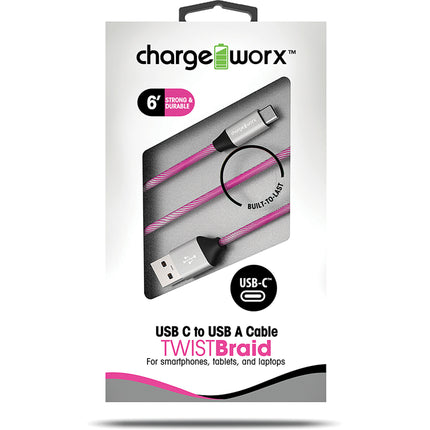 6ft USB-C to USB-A "TWISTBraid" Cable, Pink