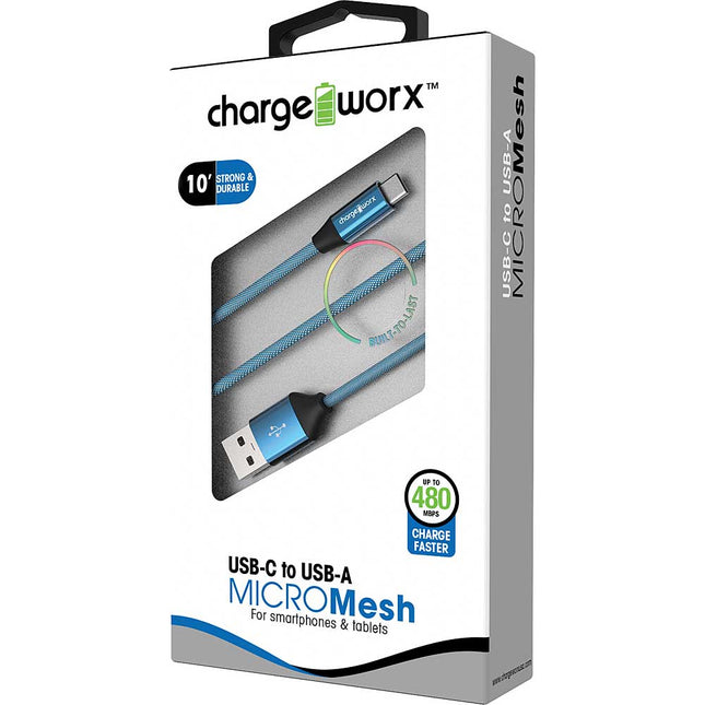 10ft USB-C to USB-A "MICROMesh" Cable, Blue