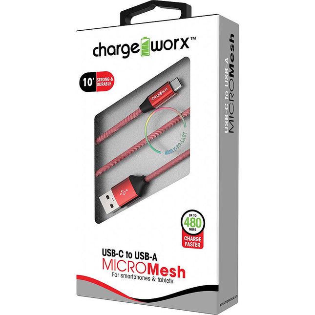 10ft USB-C to USB-A "MICROMesh" Cable, Red