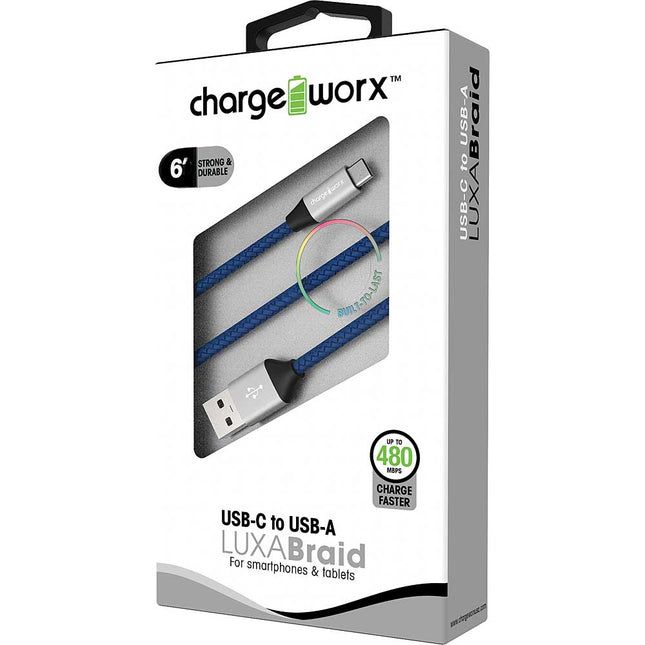6ft USB-C to USB-A LUXABraid Cable, Blue