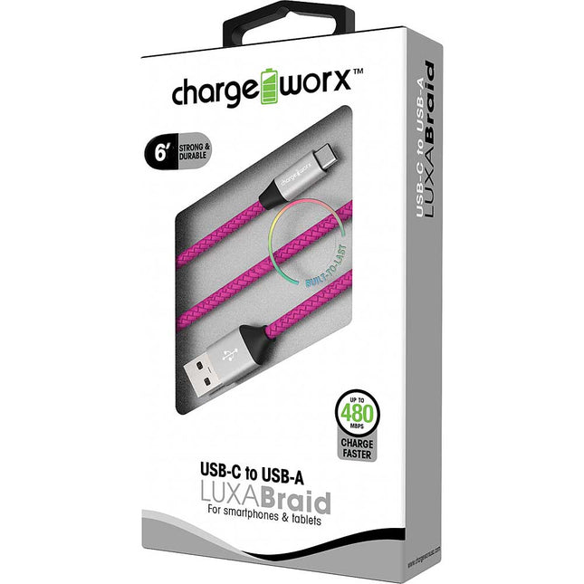 6ft USB-C to USB-A LUXABraid Cable, Pink