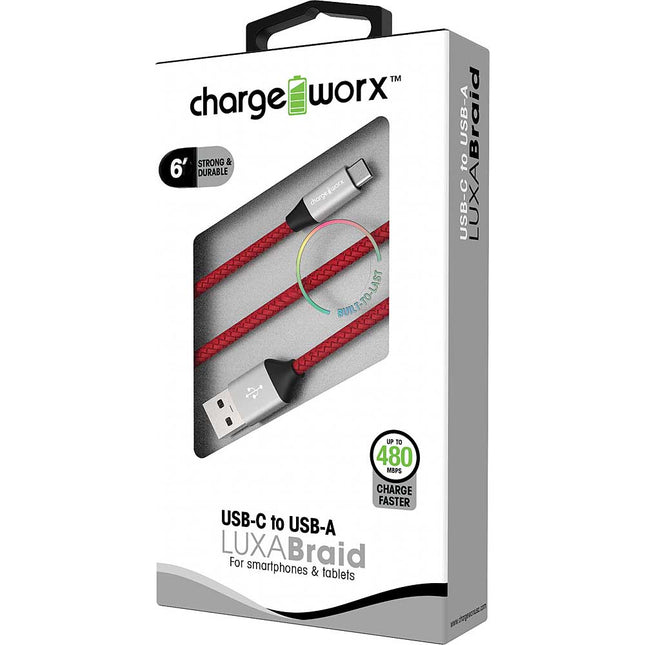 6ft USB-C to USB-A LUXABraid Cable, Red