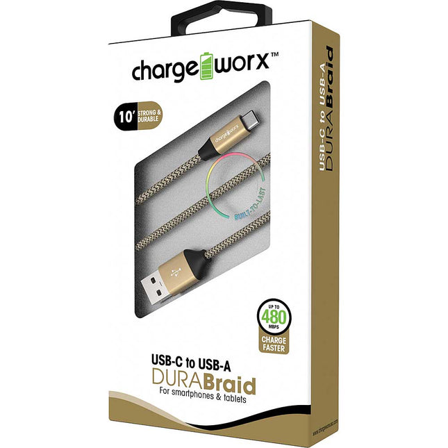 10ft USB-C to USB-A DURABraid Cable, Gold