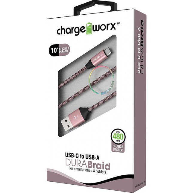 10ft USB-C to USB-A DURABraid Cable, Rose Gold