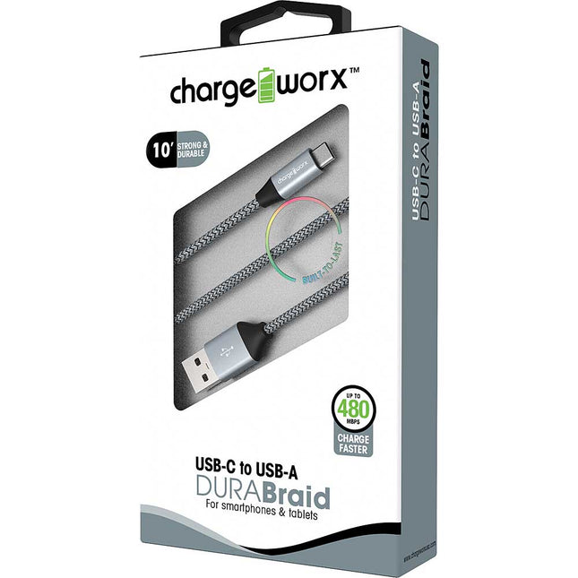 10ft USB-C to USB-A DURABraid Cable, Silver
