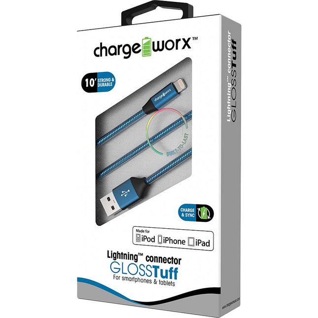 "GLOSS" Tuff 10ft Lightning  Sync & Charge Cable, Blue