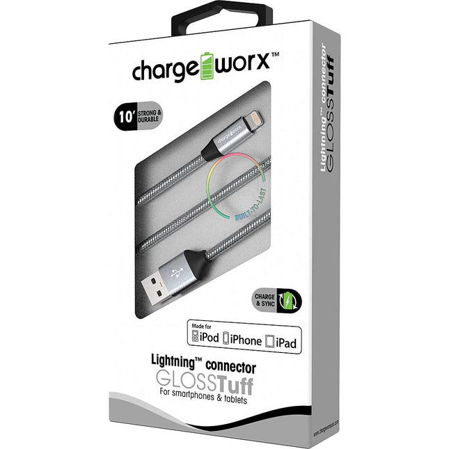 "GLOSS" Tuff 10ft Lightning  Sync & Charge Cable, Silver