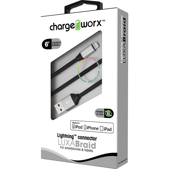 "LUXA" Braid 6ft Lightning  Sync & Charge Cable, Black