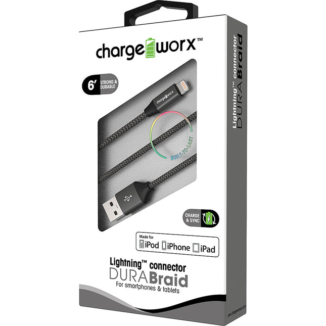"DURA" Braid Metal 6ft Lightning  Sync & Charge Cable, Black