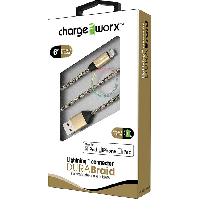 "DURA" Braid Metal 6ft Lightning  Sync & Charge Cable, Gold