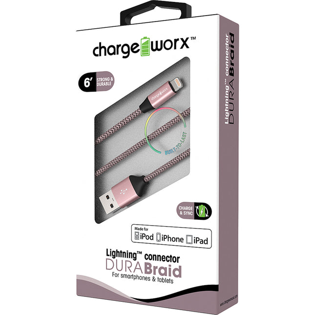 "DURA" Braid Metal 6ft Lightning  Sync & Charge Cable, Rose Gold