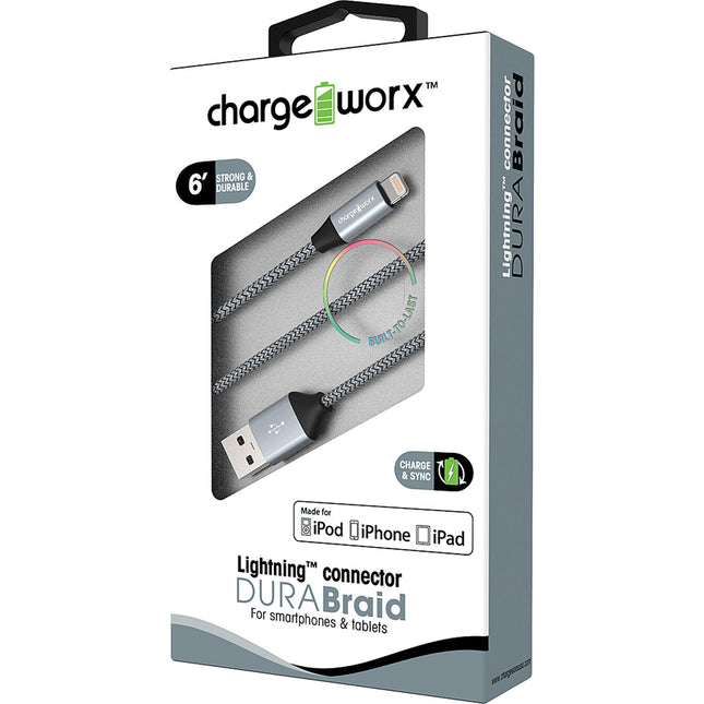 "DURA" Braid Metal 6ft Lightning  Sync & Charge Cable, Silver