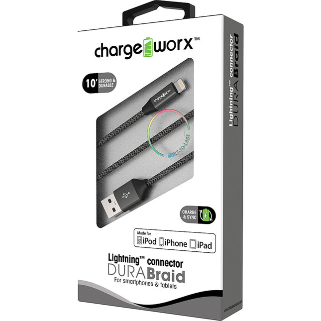 "DURA" Braid Metal 10ft Lightning  Sync & Charge Cable, Black