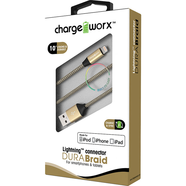 "DURA" Braid Metal 10ft Lightning  Sync & Charge Cable, Gold