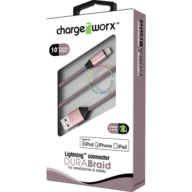 "DURA" Braid Metal 10ft Lightning  Sync & Charge Cable, Rose Gold