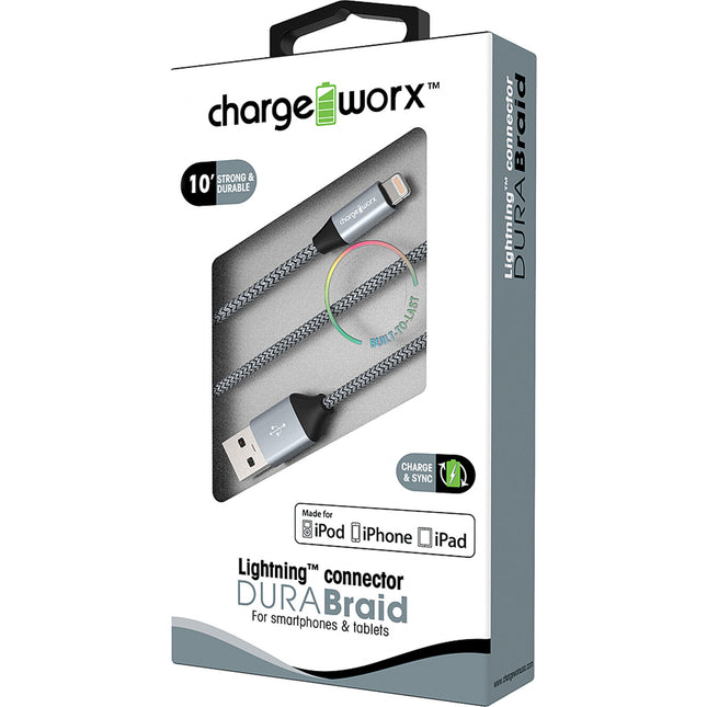 "DURA" Braid Metal 10ft Lightning  Sync & Charge Cable, Silver