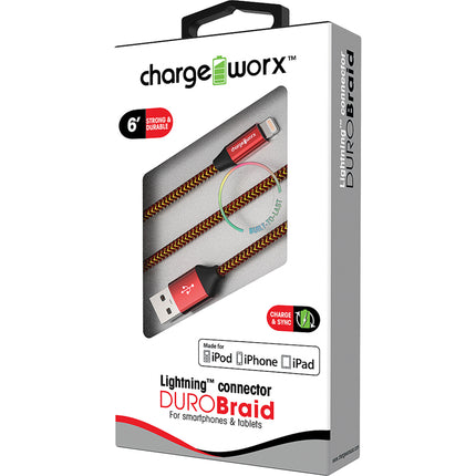 "DURO" Braid Metal 6ft Lightning  Sync & Charge Cable, Red