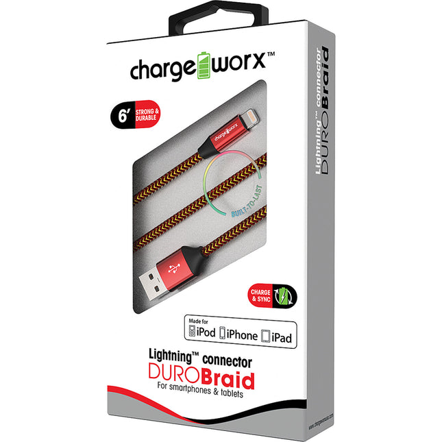"DURO" Braid Metal 6ft Lightning  Sync & Charge Cable, Red