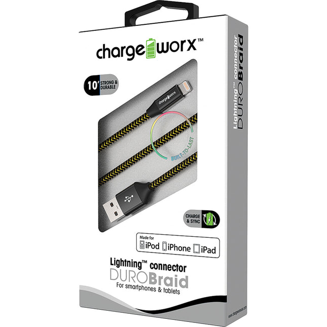 "DURO" Braid Metal 10ft Lightning  Sync & Charge Cable, Black