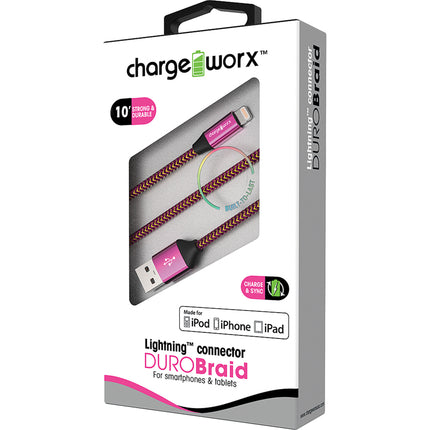 "DURO" Braid Metal 10ft Lightning  Sync & Charge Cable, Pink