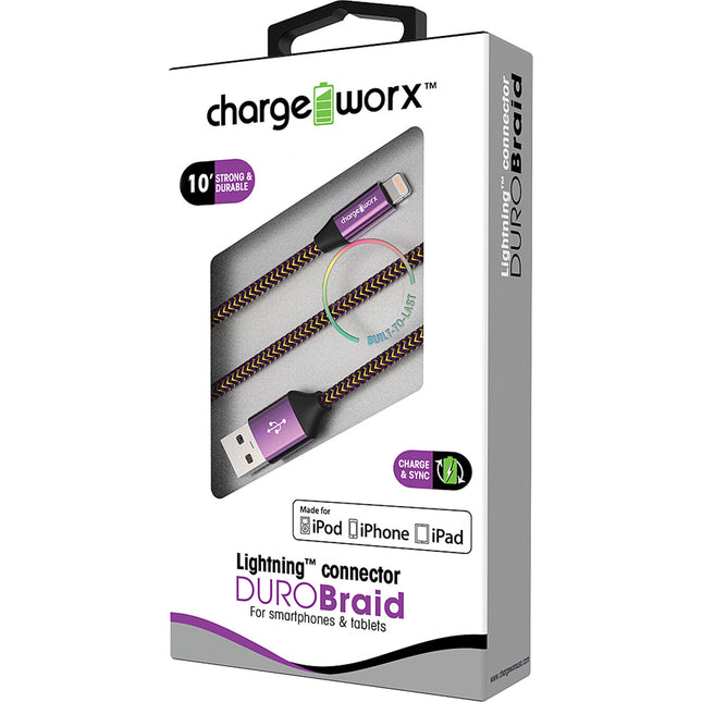 "DURO" Braid Metal 10ft Lightning  Sync & Charge Cable, Violet