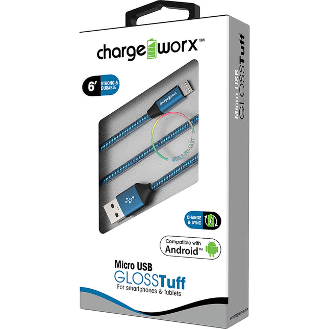 "GLOSS" Tuff 6ft Micro USB  Sync & Charge Cable, Blue