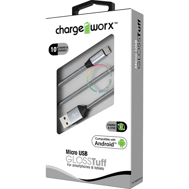 "GLOSS" Tuff 10ft Micro USB  Sync & Charge Cable, Silver