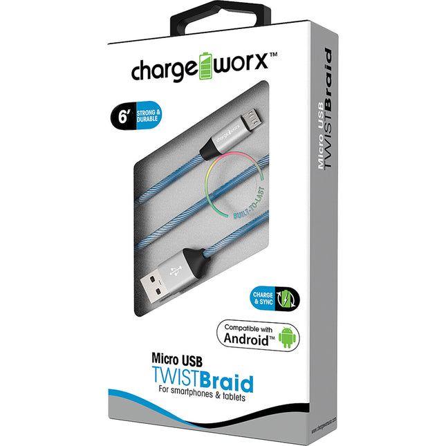 "TWIST" Braid 6ft Micro USB  Sync & Charge Cable, Blue