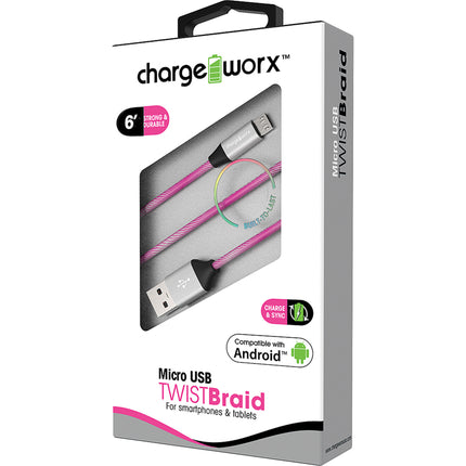 "TWIST" Braid 6ft Micro USB  Sync & Charge Cable, Pink