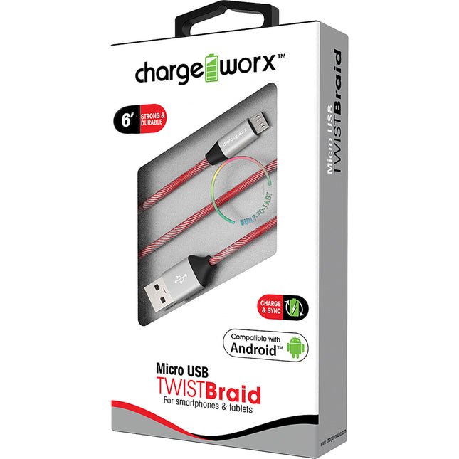 "TWIST" Braid 6ft Micro USB  Sync & Charge Cable, Red