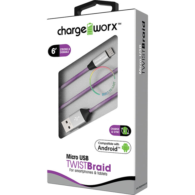 "TWIST" Braid 6ft Micro USB  Sync & Charge Cable, Violet