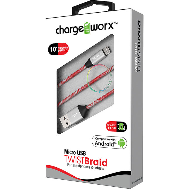 "TWIST" Braid 10ft Micro USB  Sync & Charge Cable, Red