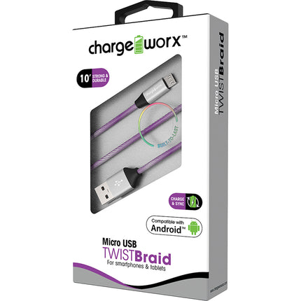 "TWIST" Braid 10ft Micro USB  Sync & Charge Cable, Violet