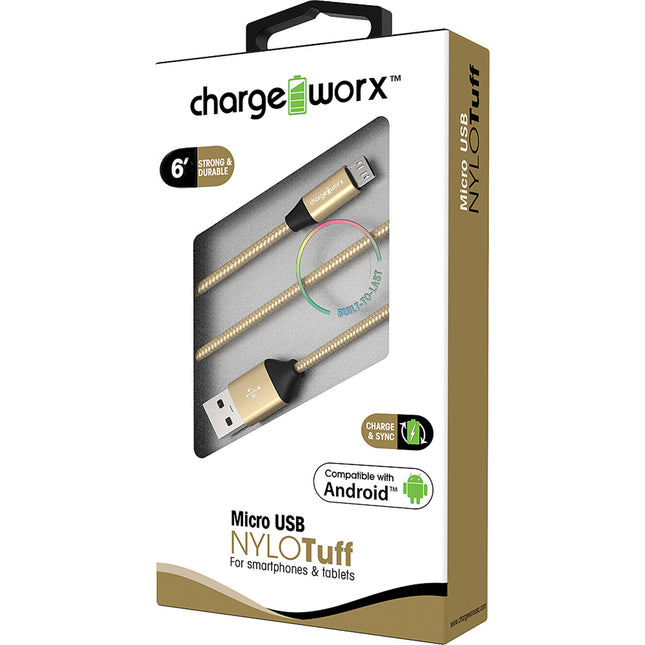 "NYLO" Tuff 6ft Micro USB  Sync & Charge Cable, Gold