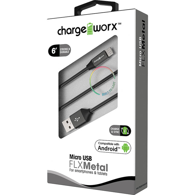 "FLX" Metal 6ft Micro USB  Sync & Charge Cable, Black