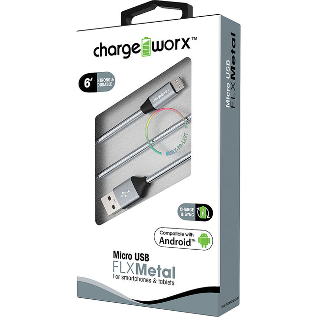 "FLX" Metal 6ft Micro USB  Sync & Charge Cable, Silver
